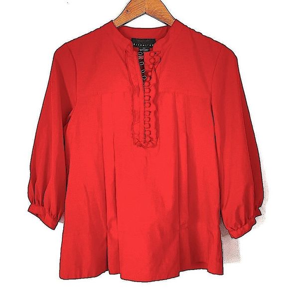 ATTENTION Red 3/4 Sleeve Pleated Ruffle Button Blouse Top - Picture 8 of 8